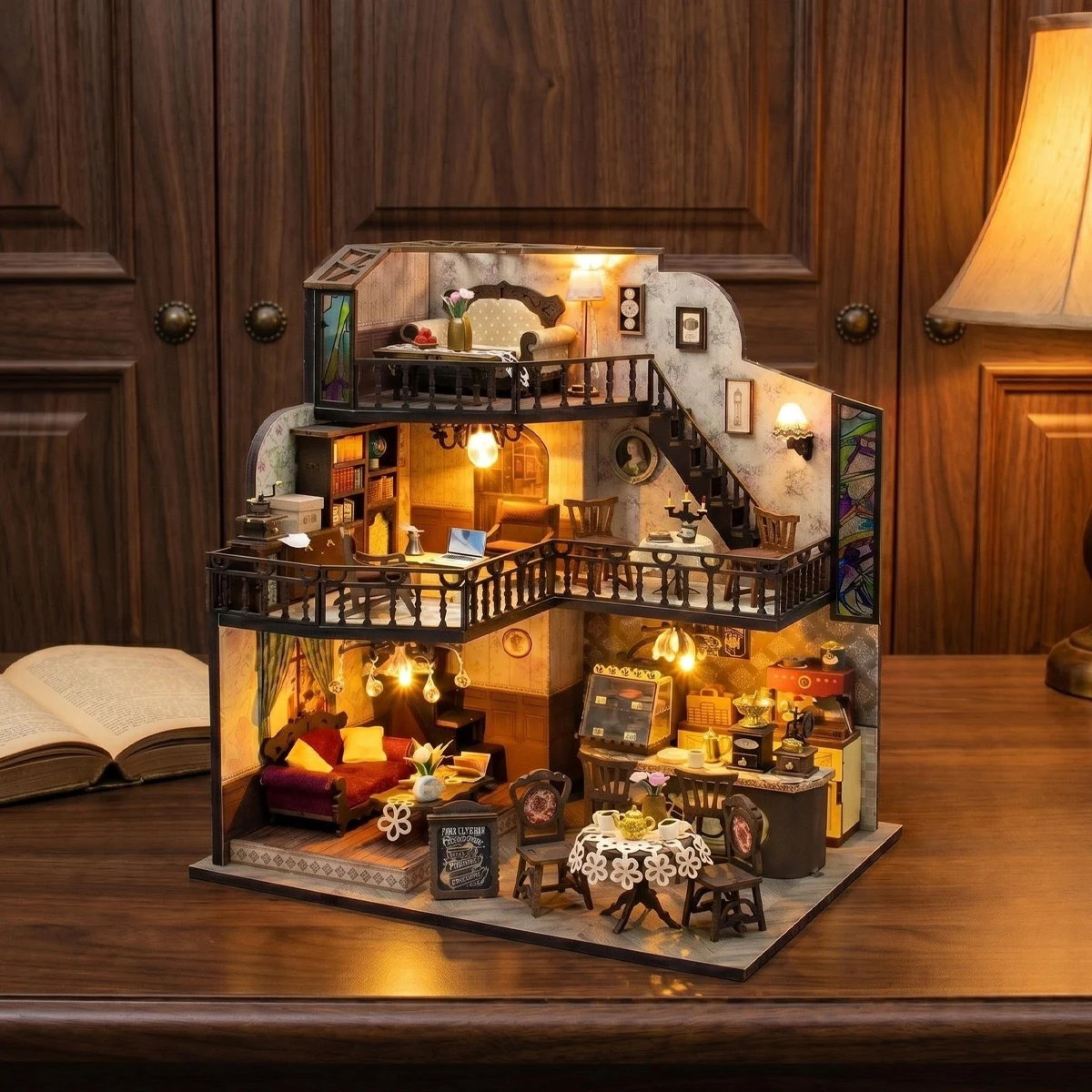 

Coffee Villa Miniature Dollhouse Set 3D Puzzle Assembly Model Set DIY Handmade Toy Bookshelf, Wooden Crafts Birthday Gift