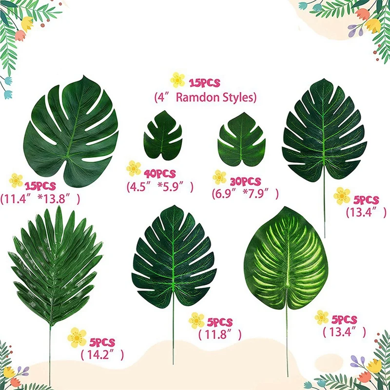 열대 야자수 잎 식물 Artificial-105Pcs, 녹색 잎, 파티 테이블 장식, 7 종류, 105 개