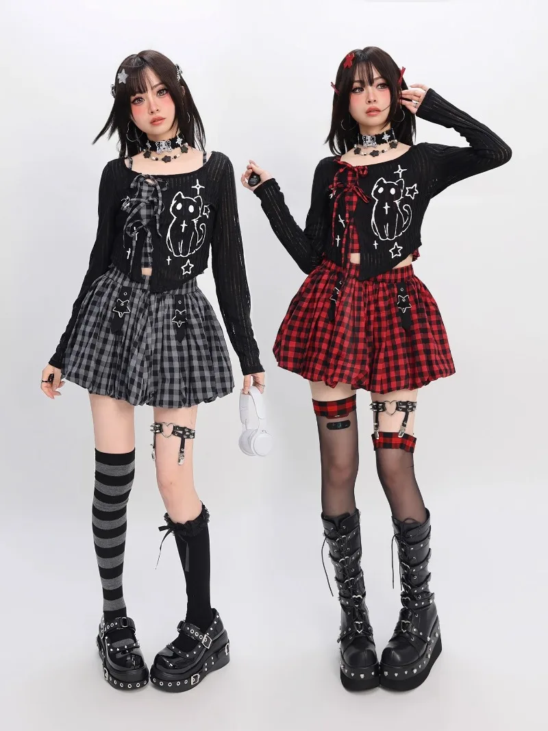 

Summer Sweet Cute Girls Versatile Y2K Vest and Lace-up Long Sleeve Blouse Elasticity High Waist Short Plaid Puff Skirt Set