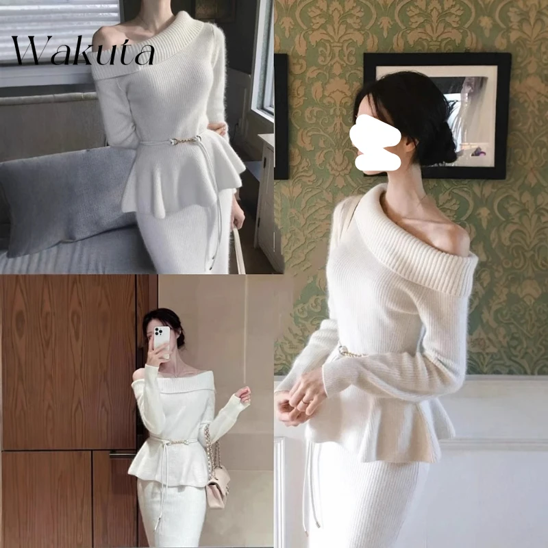 WAKUTA Spring Gentle Style Temperament White Lapel Open Shoulder Knit Sweaters Hip Hugging Skirt High-end Retro Two-piece Sets