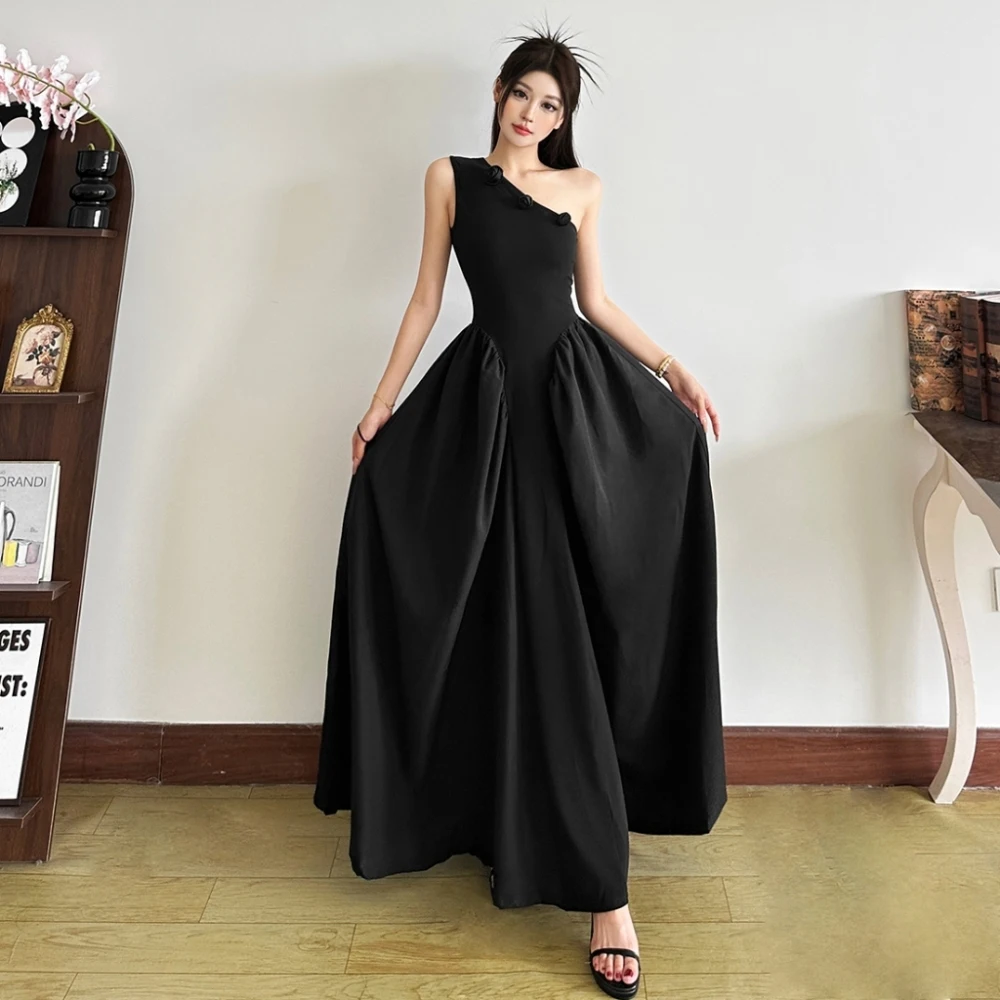 SylCue 3d Flower Decoration Long Dress Women Irregular Skew Collar Backless Sleeveless Prom Party Elegant A-Line Solid Vestidos