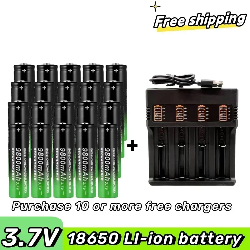 100% New 18650 battery 3.7V 9800mAh rechargeable li-Ion battery with charger for Led flashlight batery litio battery+1 Charger