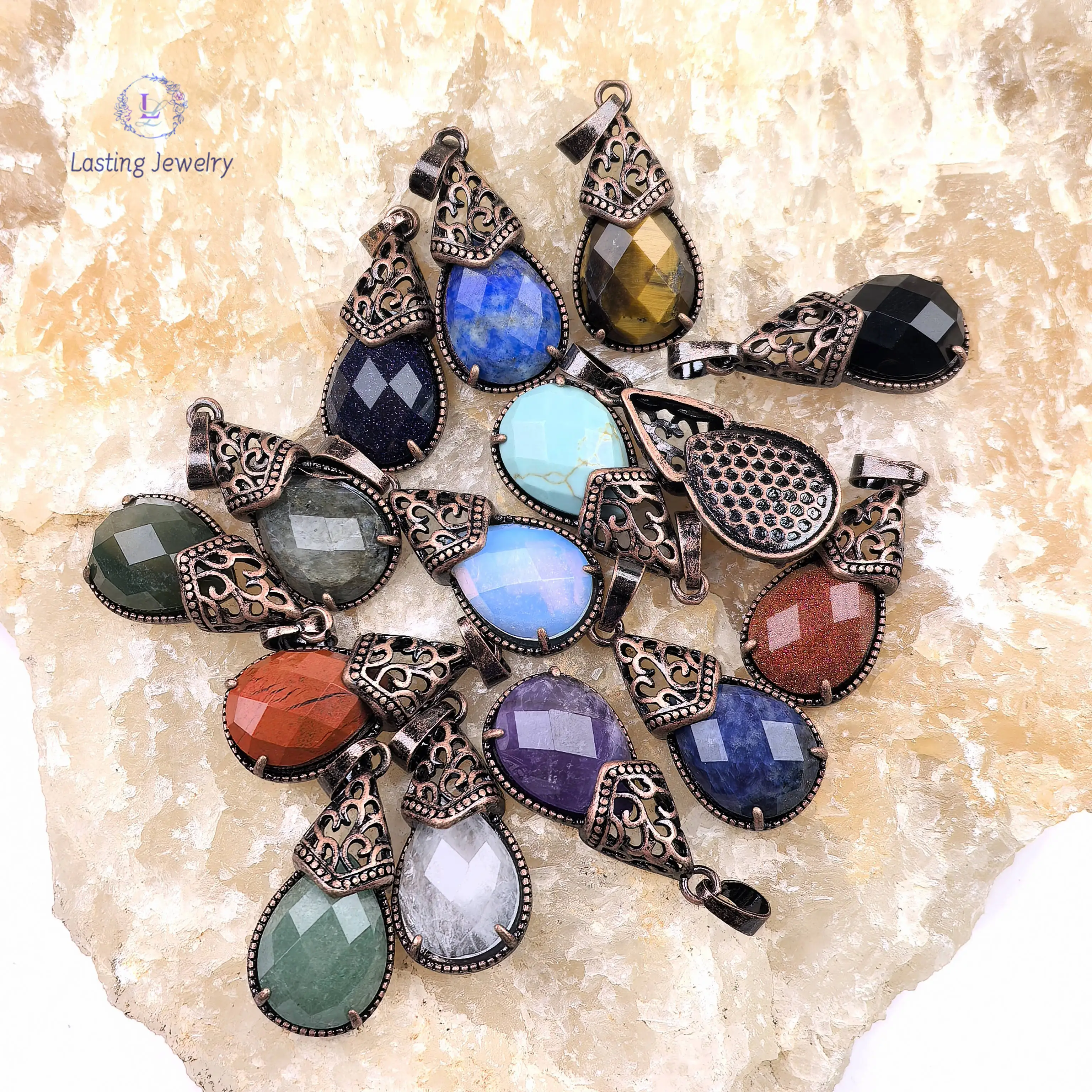 

Hollow-out Antique Cooper Drop Crystal Pendants,Faceted Teardrop Gemstone Lapis Aventurine Opal Charms Necklace Jewelry Making