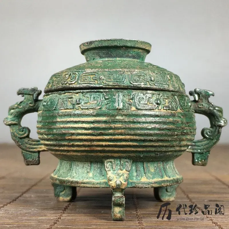 Three-legged binaural green embroidery bronze stove household incense burner ornament handicraft