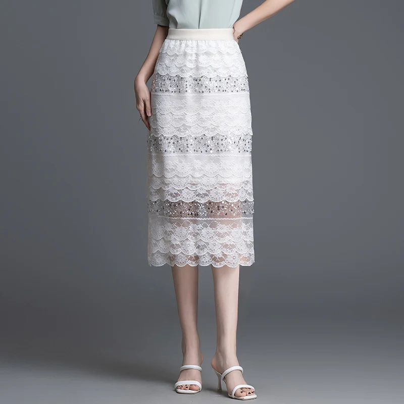 

Ele High Waist Straight Cut Midi Skirt with Sequins And Lace Detailing for Women Summer Faion f-length Skirts