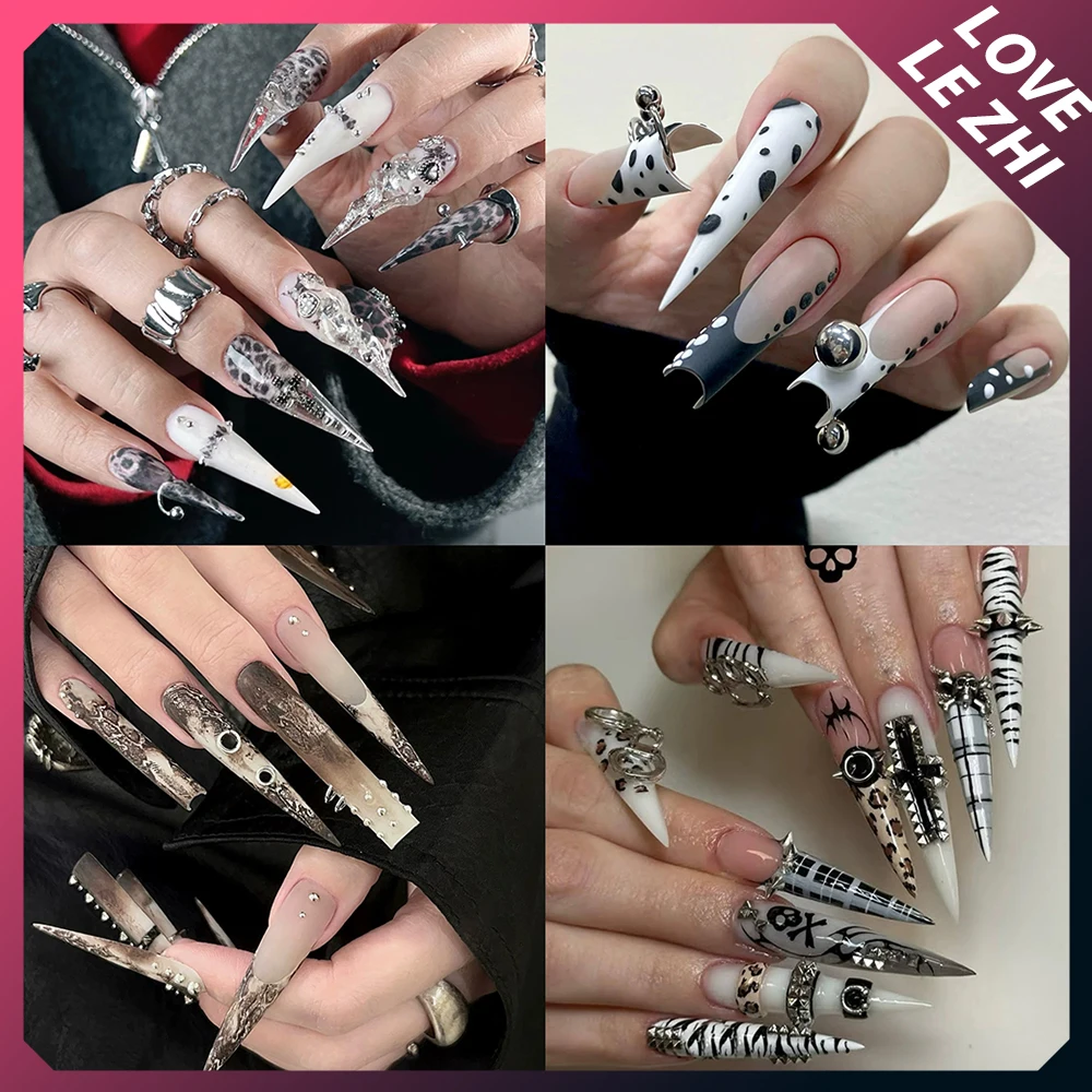 

Europe America Spice Girl Handmade Long Coffin Tip French Press On Nails Metal Rivets Chain Diamond Bowknot Flower Fake Nails