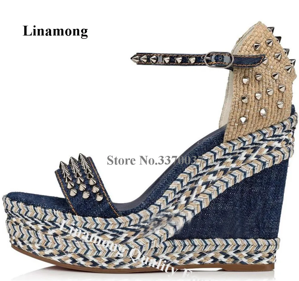 

Linamong Blue Denim Patchwork Metal Rivets Wedge Sandals Open Toe Knitted High Platform Studs Wedges Newest Dress Heels