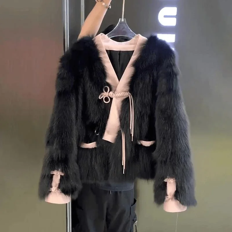 

Женское меховое пальто Ele Bla: модное, универсальное, на пуговицах, теплое, с V-образным вырезом, длинный рукав, осень-зима