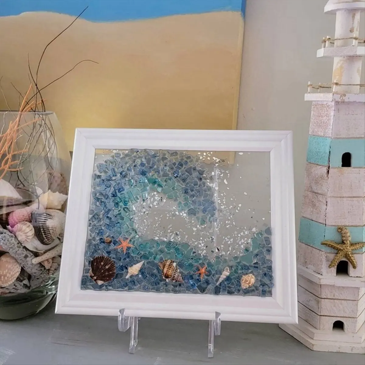 A013 Ocean Theme Sea Glass Art Kit for Adults Photo Frame Easy Operation DIY Mosaic Arts and Craft Kits Handmade D