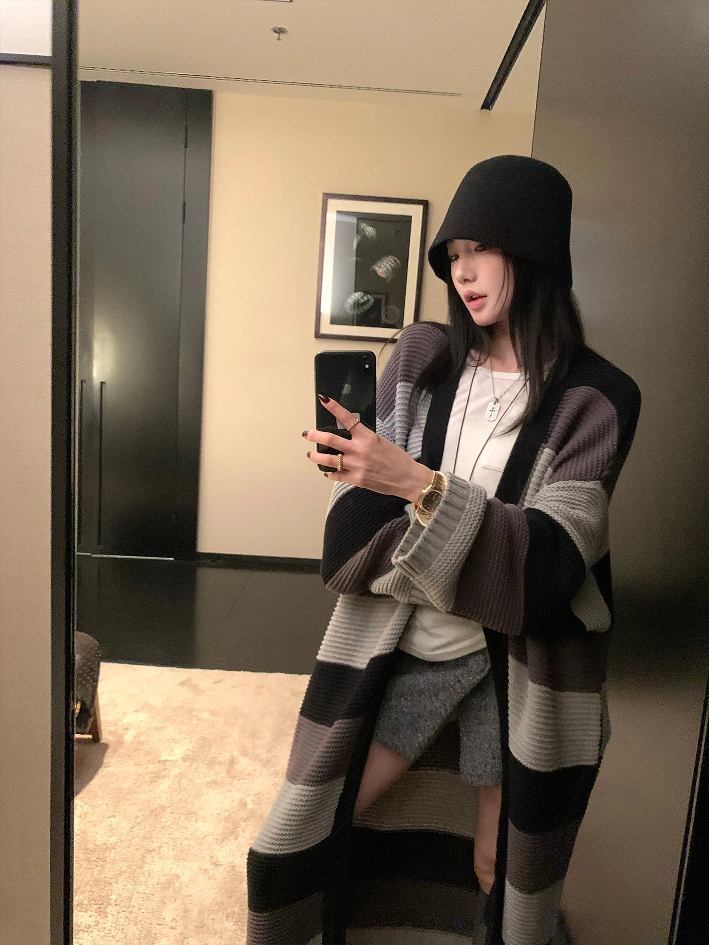 

Long Loose Striped Sweater Coat Lazy Sle Vintage Open Cardigan Coat Women's Cotton Acrylic Fiber V-Ne Regular Sve Length