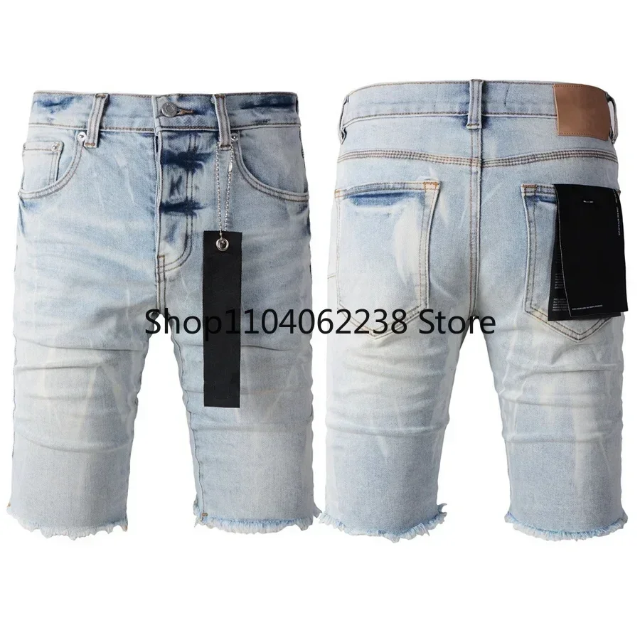 

2024 Top quality New Purples Jeans Men Trendy Elastic Edged Middle Pants Irregular Blue Color Washed Denim Shorts brand pants