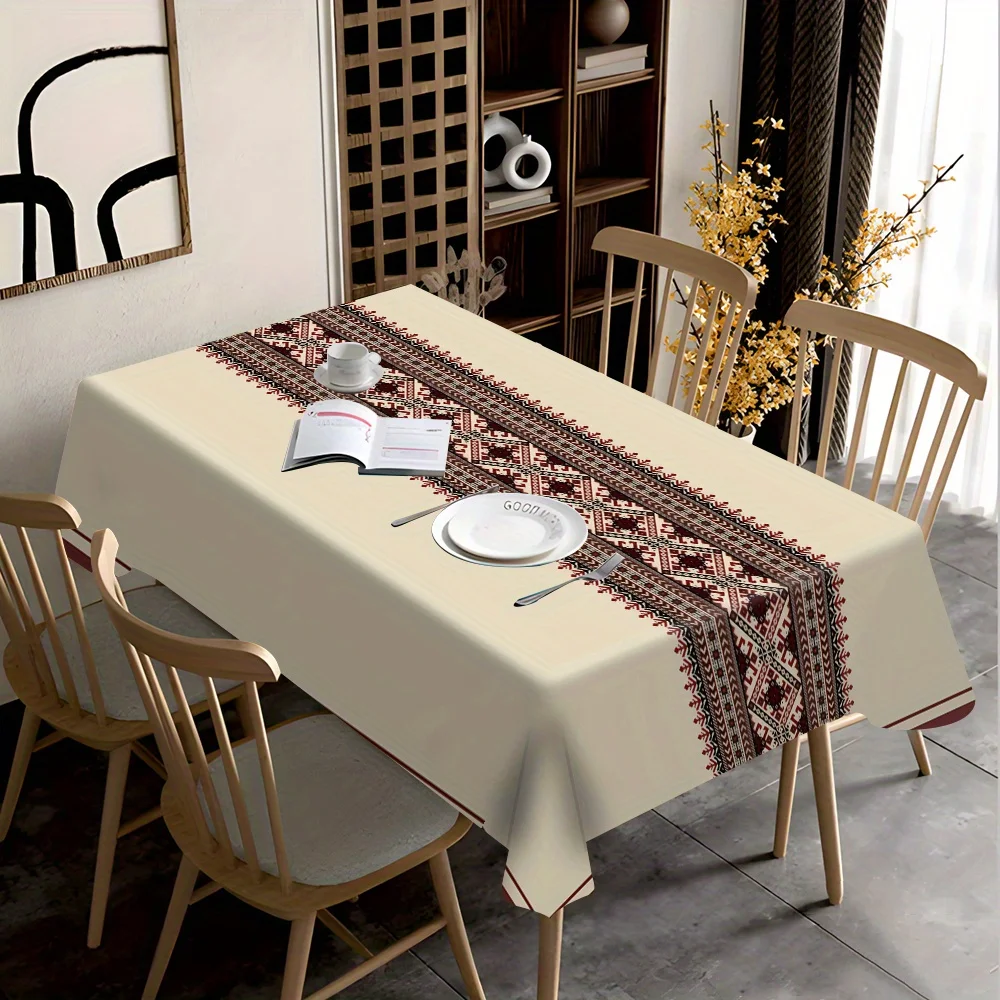 Nappe à motif géométrique ethnique sur fond beige, housse de table imperméable en polyester pour la maison, la cuisine, la salle à manger, les fêtes et les vacances
