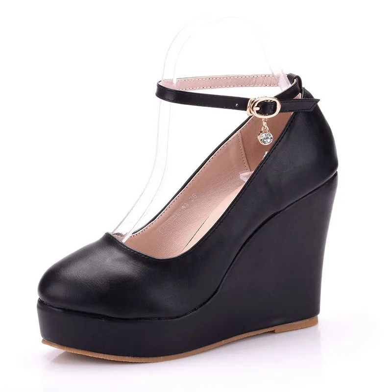 Large size round toe platform high-heeled shoes sloping single shoes with wedge heels white black wedge heels for women