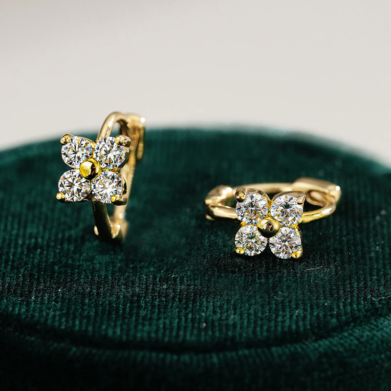 OXTAO Mini Cute Moissanite Floral-Style Earrings Female Jewelry Sweet Four Leaf Hoop Flower Earrings Jewelry 14K Gold Filled - view 3