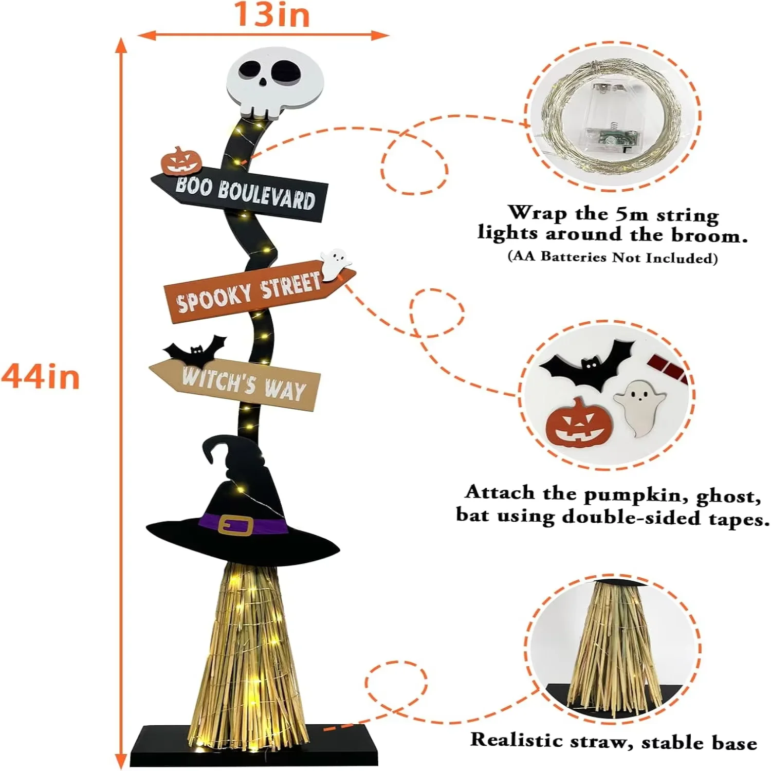 

Lighted Wood Witch's Broom Porch Sign with Base Directional Porch Sign for Halloween Party Decor