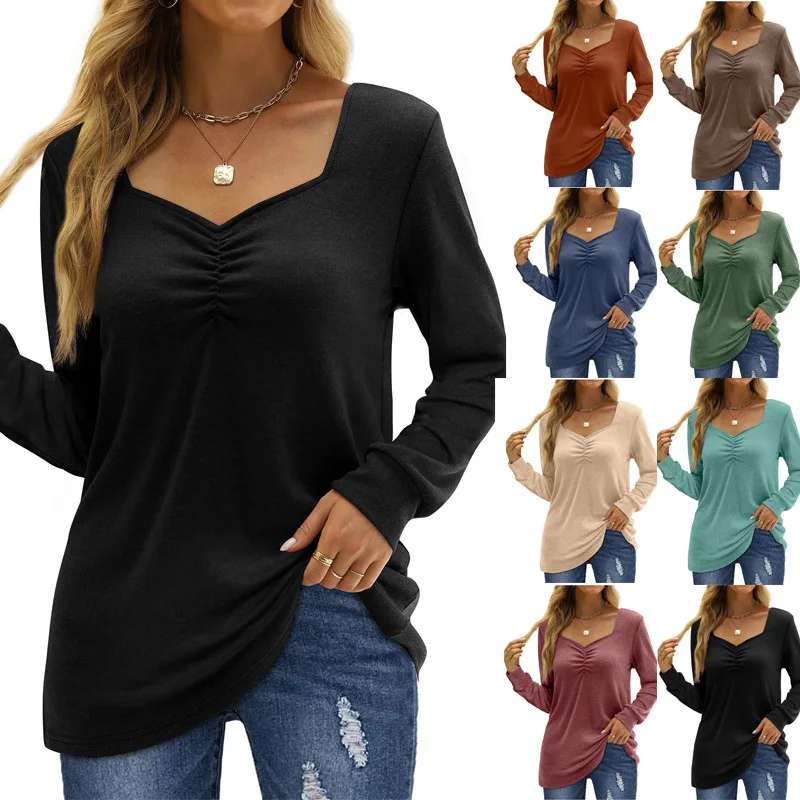 

Autumn and Winter New European and American Women's Chest Pleated Solid Long Sleeve Top T-shirt y2k top pro choice