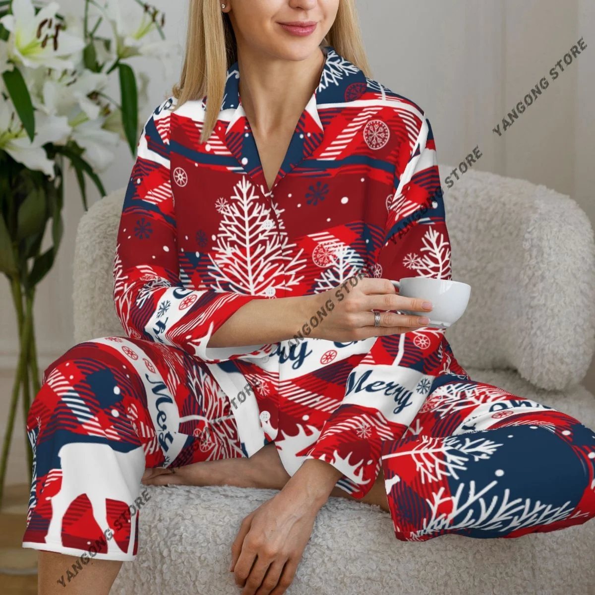 عيد ميلاد سعيد سنة جديدة سعيدة نمط المرأة منامة المتسكعون قطعتين ملابس خاصة زر أسفل كم كامل طويل منامة مجموعة #1