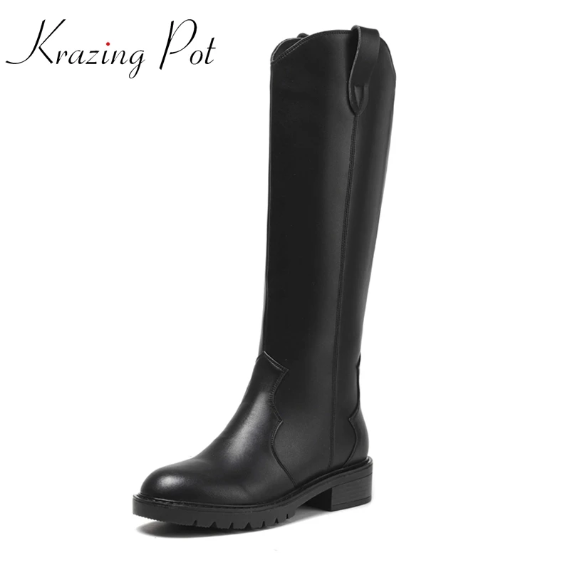 

Krazing Pot Plus Size 43 Genuine Leather Round Toe Med Heel British Style Retro Fashion Winter Keep Warm Thigh High Boots L52