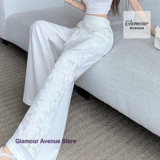 النمط الفرنسي الدانتيل خياطة عالية الخصر واسعة الساق السراويل النسائية الصيف رقيقة أزياء وهمية قطعتين من السراويل الطويلة جوكر عارضة.