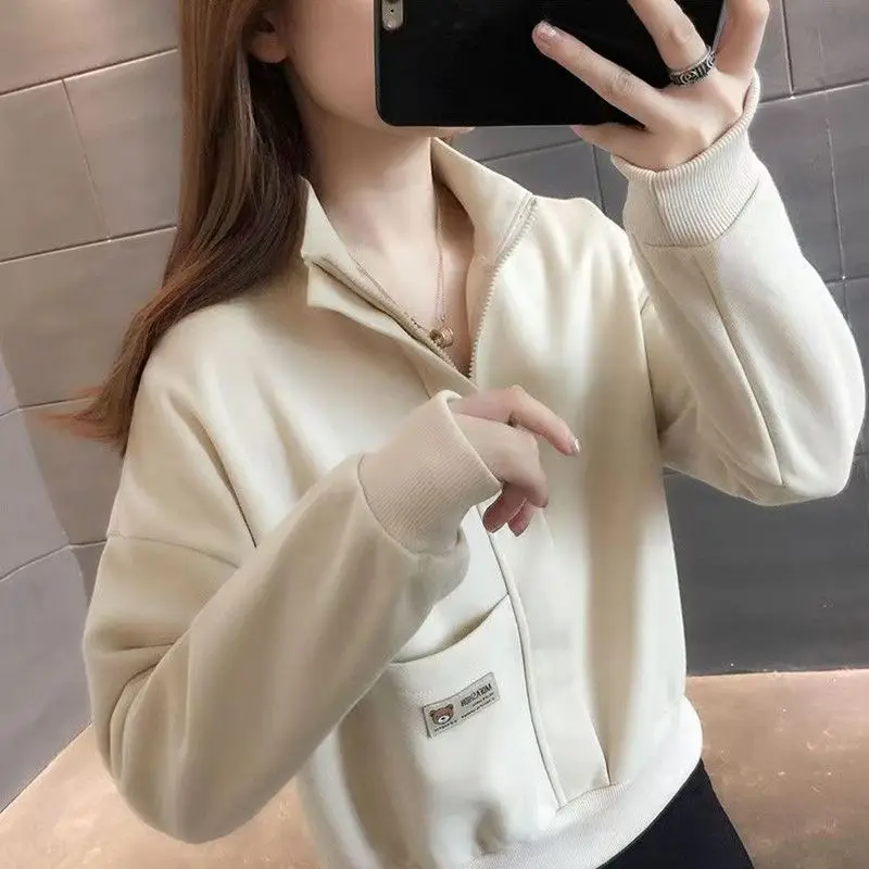 Simple Fashion Spring Autumn New Coats Women Solid Pocket Zipper Stand Collar Casual Short Long Sleeve Cardigan Sweatshirts Tops