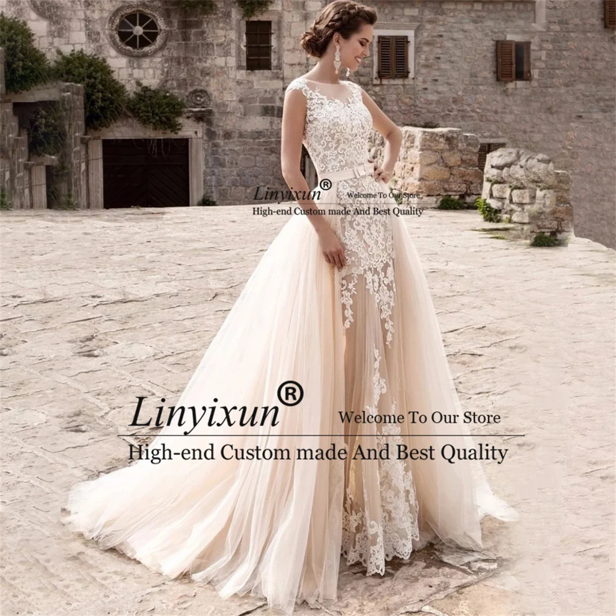 Elegant O-Neck Wedding Dress Removable Train Luxury Mermaid Lace Appliques Bridal Gown Tulle Button Back Vestido De Noiva