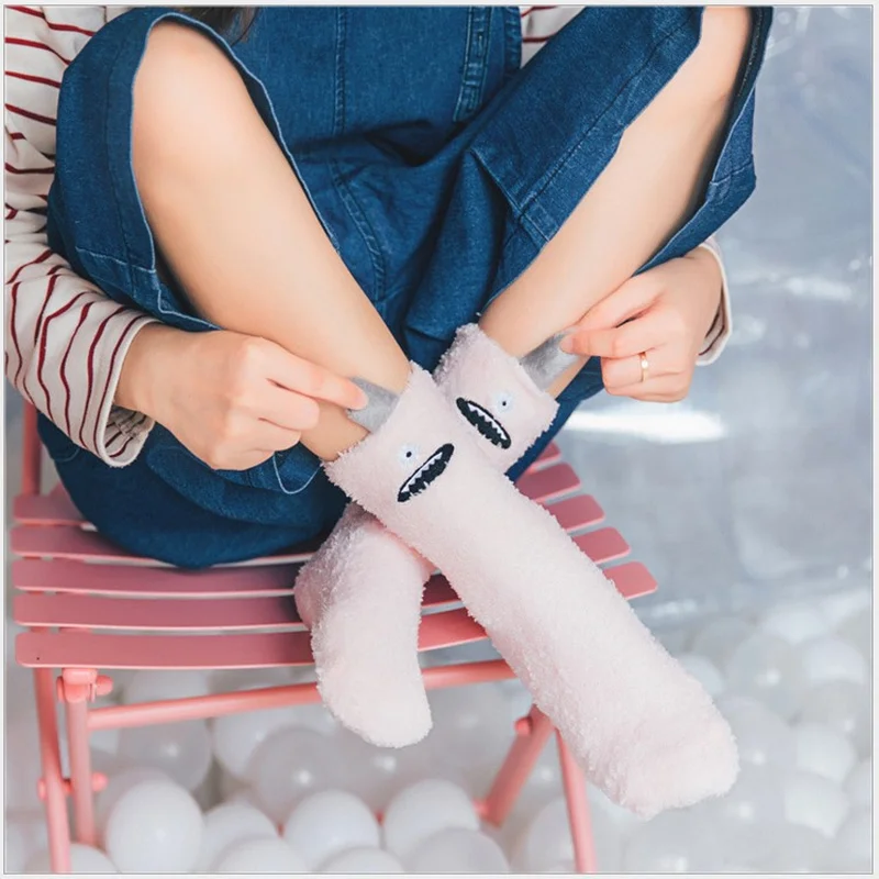 Cute Little Monster Cartoon Fuzzy Socks Women Coral Velvet Medium Tube Funny Socks Cotton for Winter and Autumn Keep Warm 73