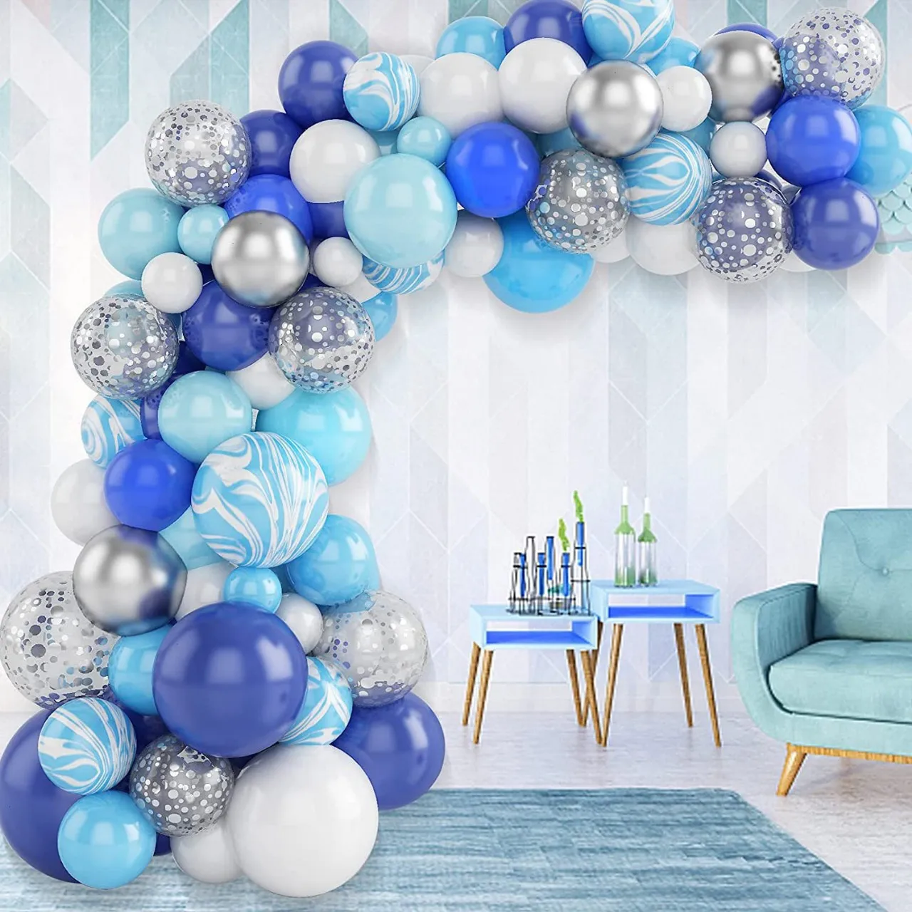 60/42PC Blue Set Agate Marble Balloons Silver Confetti Balloon Wedding Valentine's Day Baby Shower Birthday Party Decorations