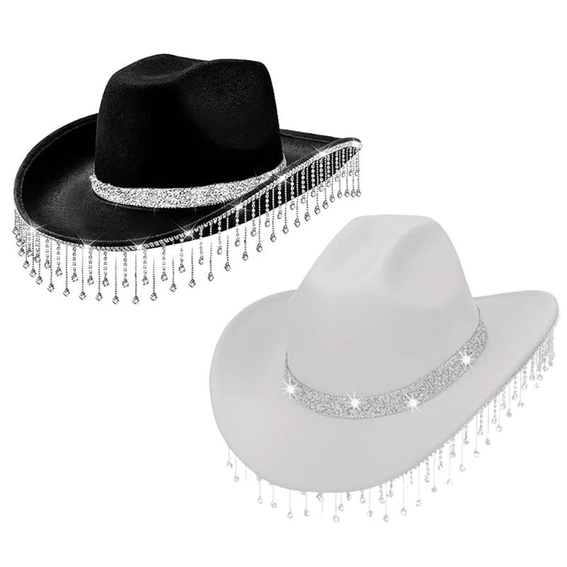 

Cowboy Hats for Womens Solid Color Rhinestones Tassels Wide Brim Female Glitter Cowgirl Hat with Feathers