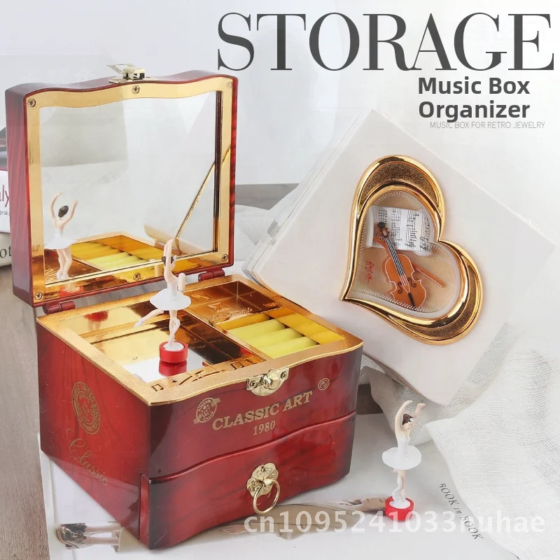 

European-Style Nostalgic Rotating Girl Music Box with Mirror And Chain Jewelry Storage Gift Box Brown & White Modern Minimalist