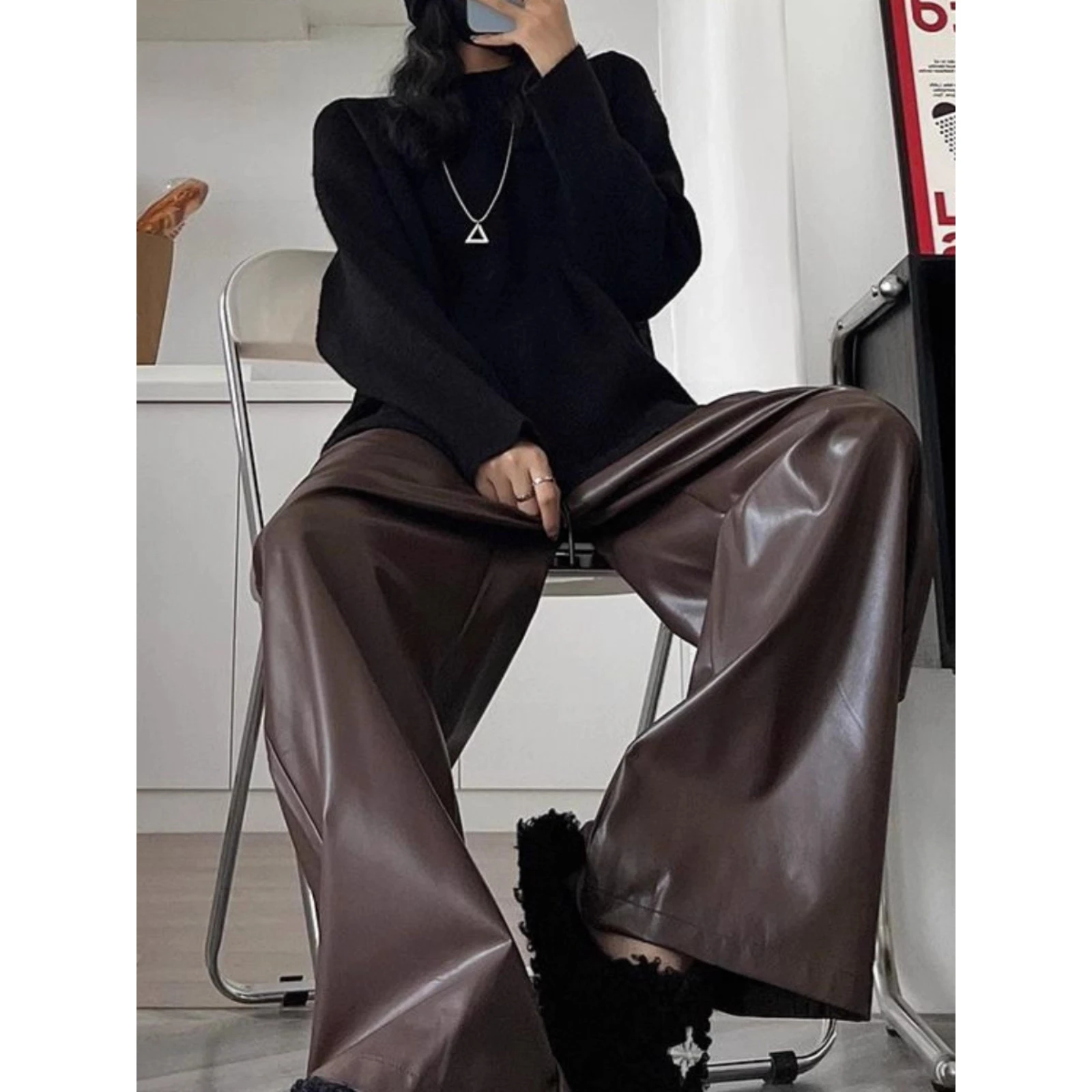 メンズハイウエストストレートレッグPUレザーワイドレッグパンツ秋冬プラスサイズファッショナブルスリムロングパンツカジュアルウェア