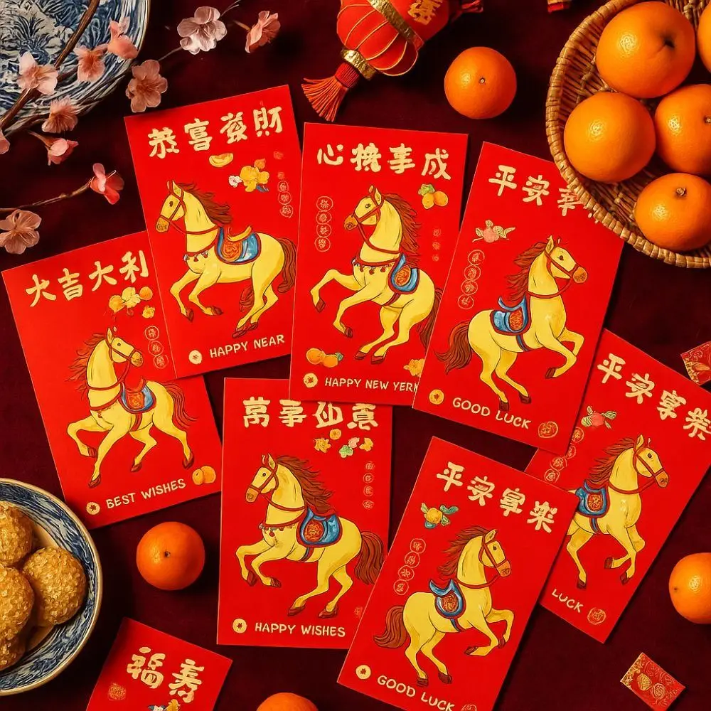 6pcs Chinese 2026 New Year Red Envelope Cartoon Traditional Horse Year Money Envelope Thickened Blessing Money Bag