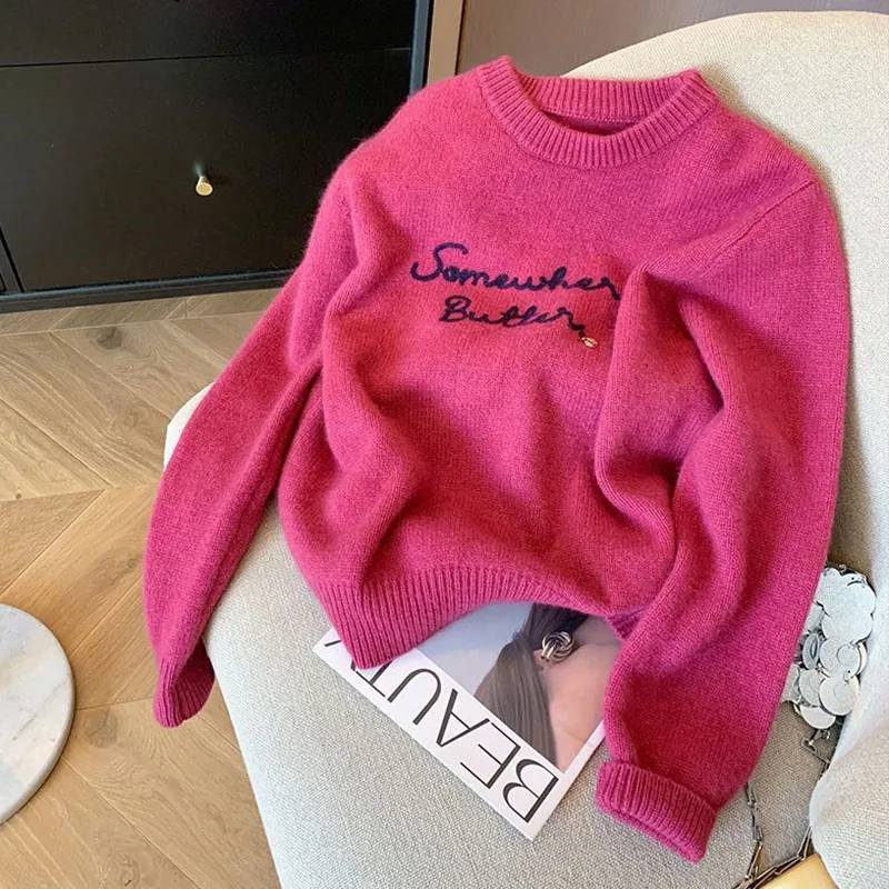 Embroidery Pink Sweater Women Pullovers O Neck Loose Knitwear Jumper Female Korean Popular Clothes Soft Sweater Tops