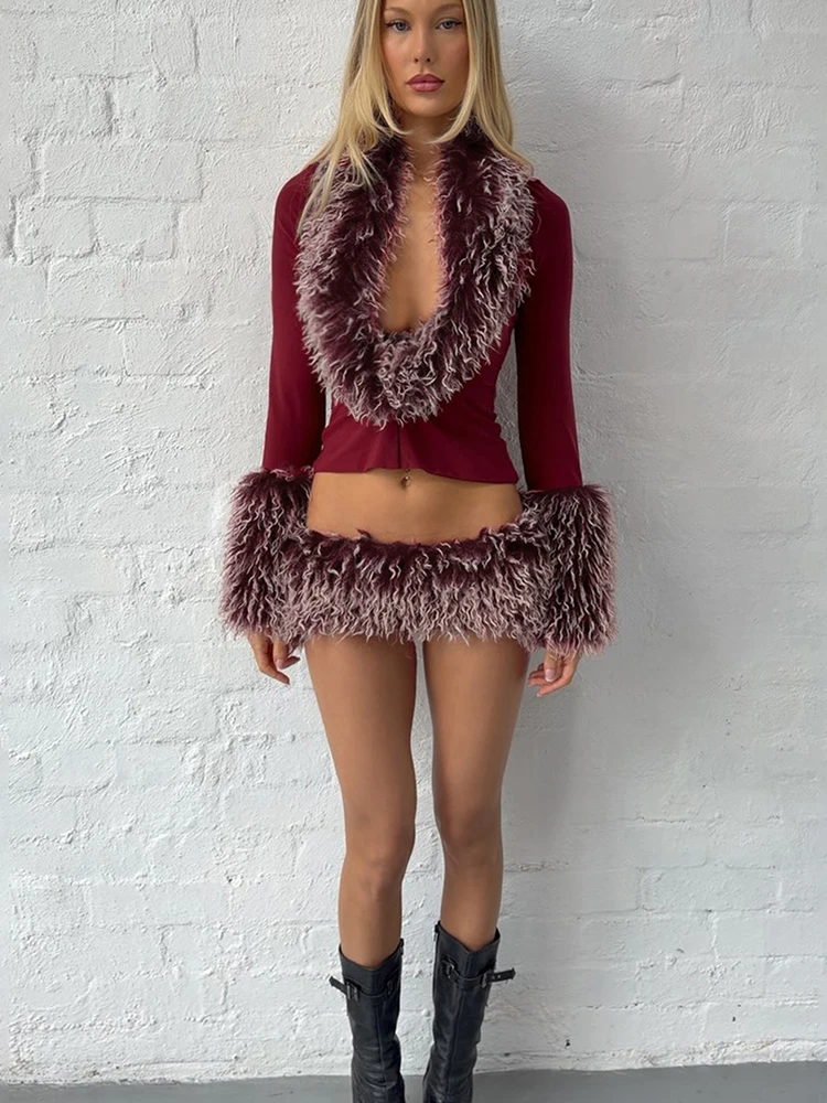 Weird Puss Herbst Neuer Stil 2-teiliges Set Damen Plüsch-Patchwork Tief Ausgeschnittenes Langarm-Crop-Top + Minirock Sexy Modische Outfits – Detail 13