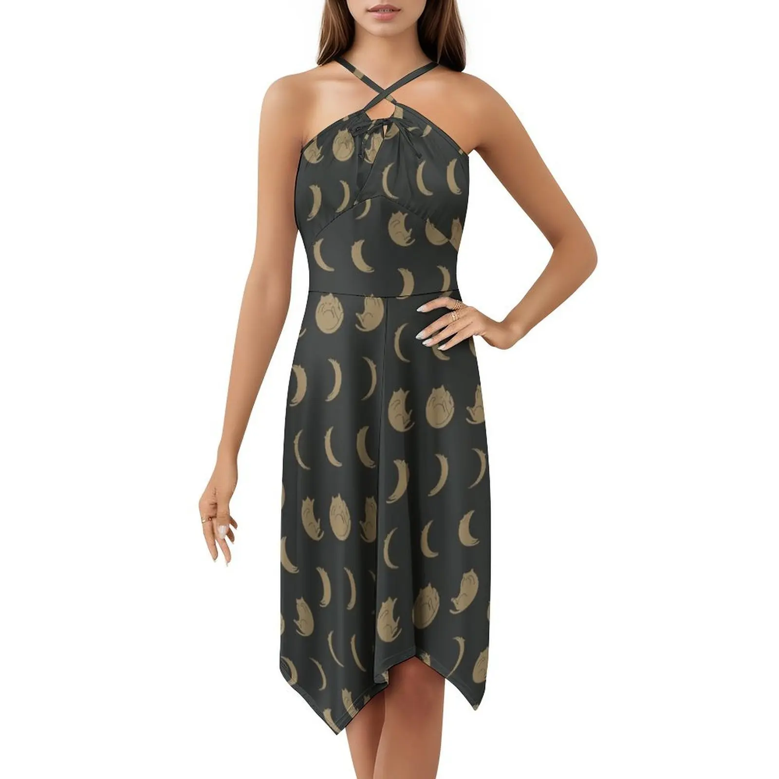 فستان بوهيمي عتيق بمناظر طبيعية للقطط 136 بأكمام منتفخة أو خيارات بدون أكمام للنساء فستان القط القمر مراحل القمر علم الفلك الفضاء #5