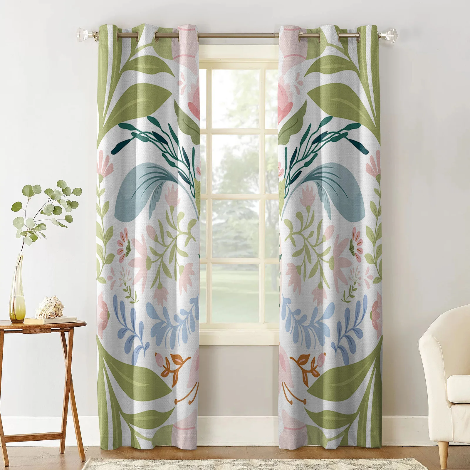 Flower Leaves Line Arrangement Polka Dots Window Curtain Made Finished Drapes Home Decor Kids Room Window Treatments Curtains