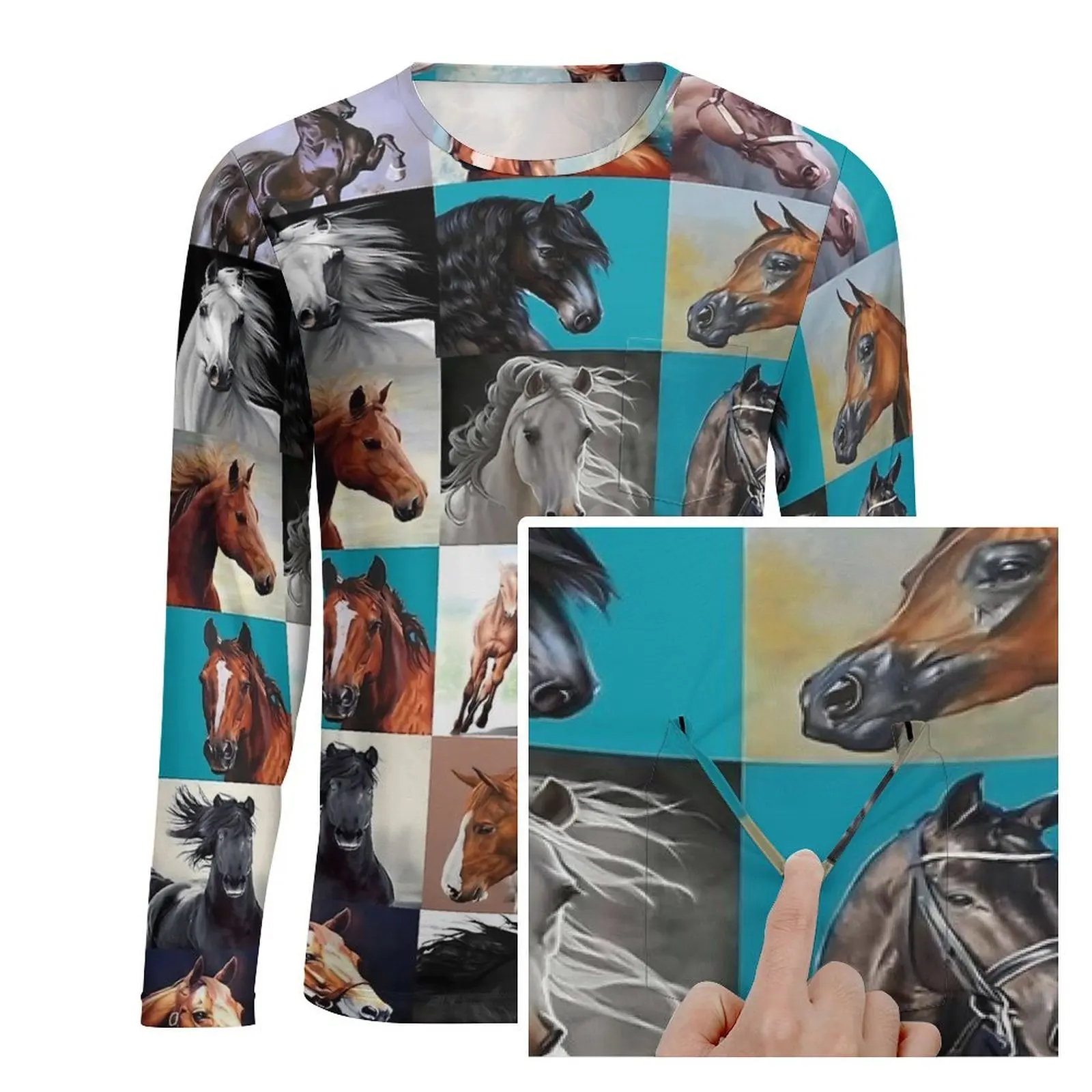 Horse Blanket T-Shirt Vintage Print Men Cool T Shirts With Pocket Spring Custom Tees Long Sleeve EMO Oversize Birthday Gift