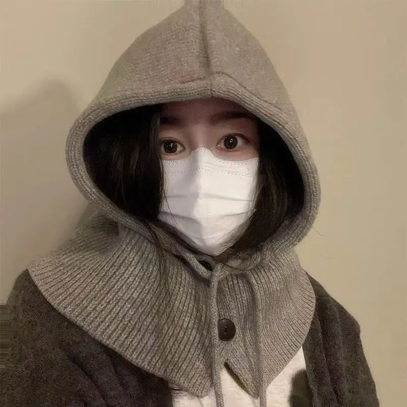 Casquettes à capuche tricotées hiver cagoule chapeaux femmes Style coréen extérieur plus chaud cordon chapeaux une pièce col bonnets casquette