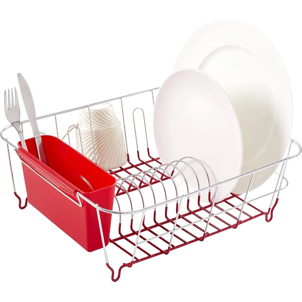 

Metal 2 Piece Dish Drying Rack Set Drainer with Utensil Holder Simple Easy to Use Fits in Most Sinks, 14.5" x 13" x 5.25", Red