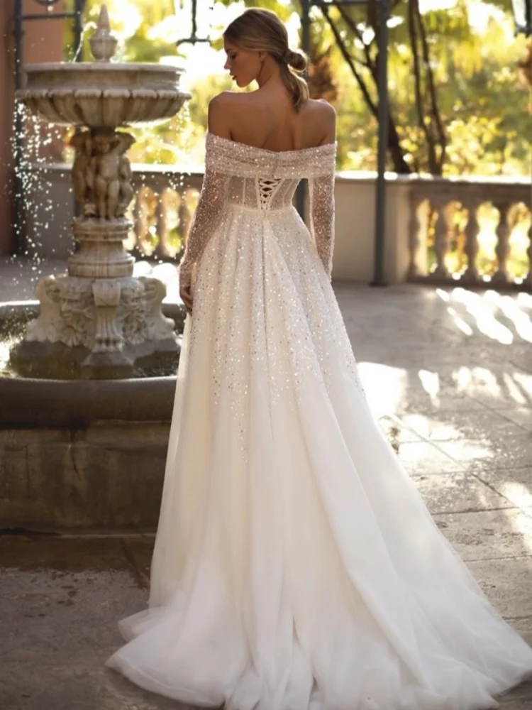 Robe de mariée élégante en Tulle, épaules dénudées, paillettes, taille haute, manches longues, traîne scintillante, personnalisée