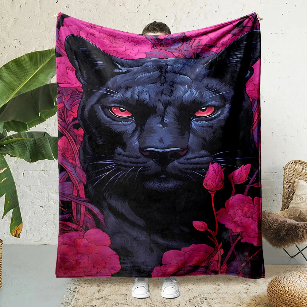 Contemporary Reversible Flannel Throw Blanket, Cartoon Black Panther with Red Eyes Print, All-Season Cozy Polyester Bedding, Non