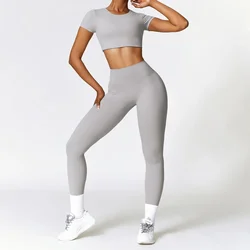 2PCS Bezszwowy zestaw do jogi Zestaw treningowy dla kobiet Odzież sportowa Odzież fitness Długi rękaw Crop Top Legginsy sportowe z wysokim stanem