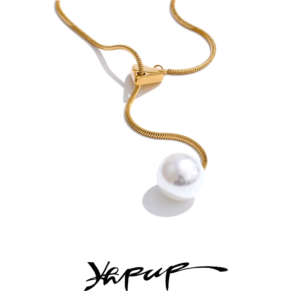 Yhpup New Arrival Simulated Pearls Round Drop Adjustable Necklace Pendant for Women Fashion Stainless Steel Korean Jewelry