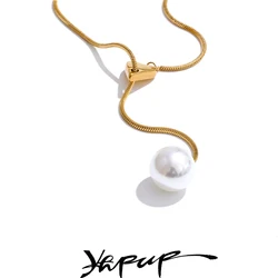 Yhpup New Arrival Simulated Pearls Round Drop Adjustable Necklace Pendant for Women Fashion Stainless Steel Korean Jewelry