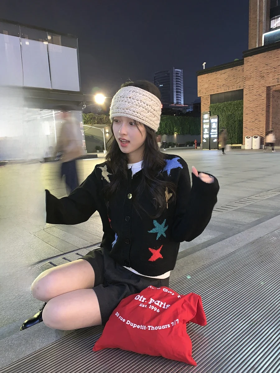 

Star Knitted Sweater Jaet Single Button Casual Sle for Girls ort Length Long Sve Faionable Online Exclusive