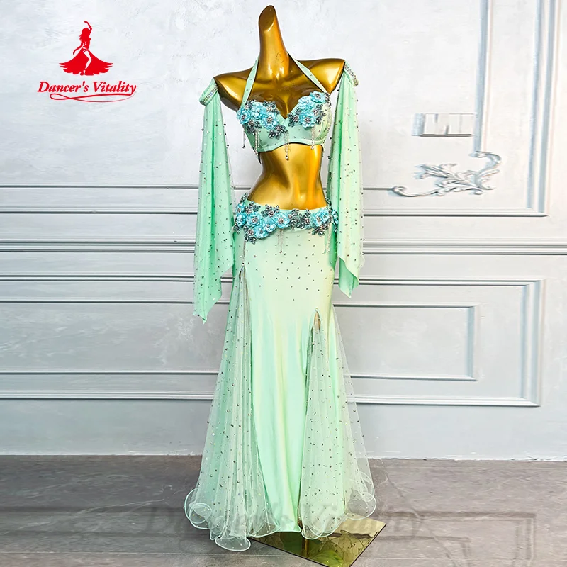 Belly Dance Costumes for Women Exquisite Flowers Bra+Sexy Fishtail Long Skirt 2pcs Oriental Belly Dancing Competition Clothing