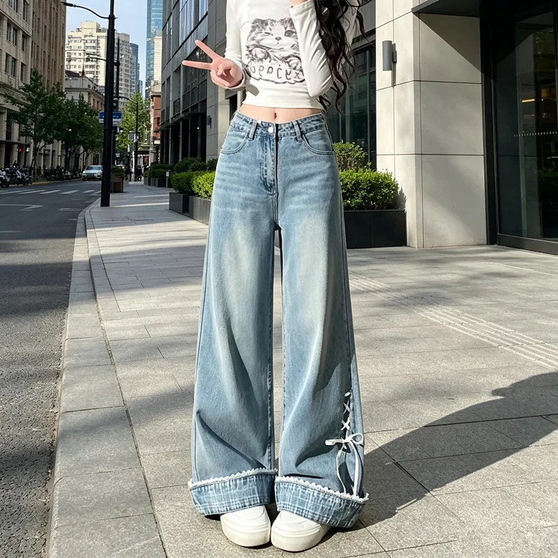Women Sweet Bow Lace‑Up Jeans Spring Roll‑Up Cuff Denim Pants Loose Straight Wide Leg Trousers Fashion Casual Long Denim Pants