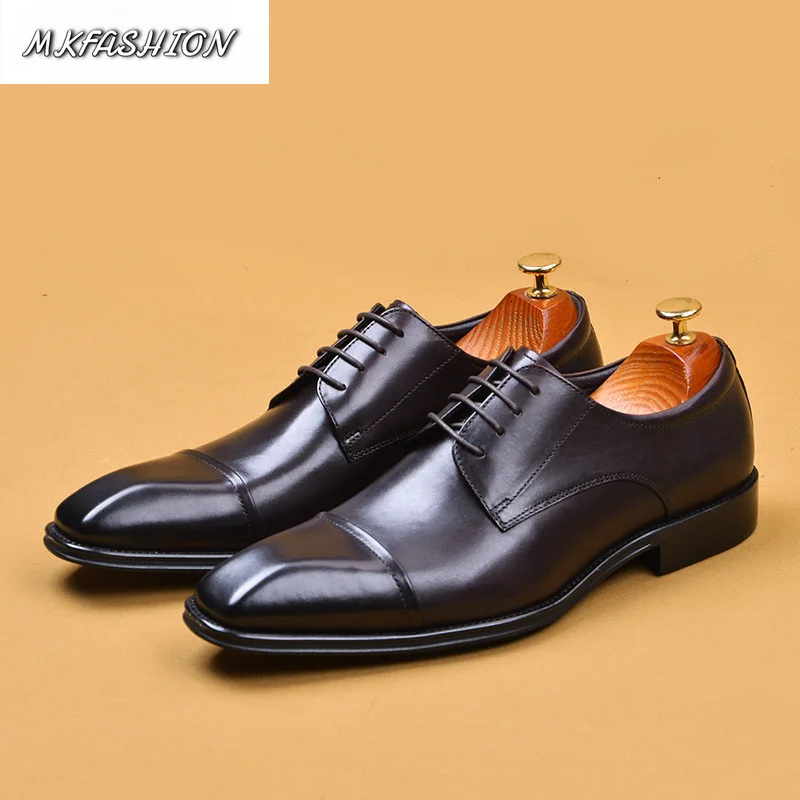 Men's Formal Business Cowhide Genuine Leather Shoes Square Toe Lace Up Wedding Shoes