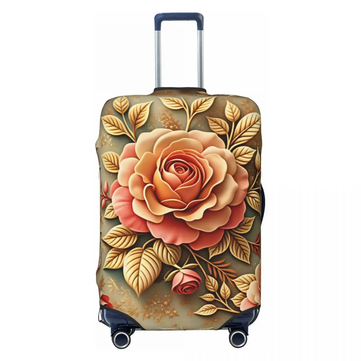 

Cute Luxury Gold Clay Relief Peach Rose Floral Luggage Cover Protector Elastic Travel Suitcase Covers