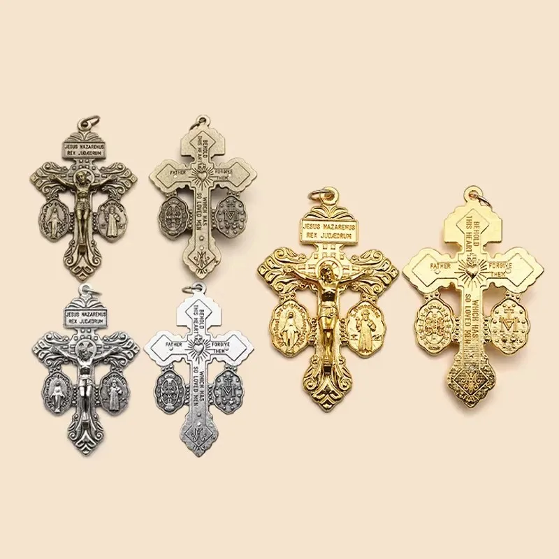 Vintage Saint Benedict Medal Crucifix Pendant - Zinc Alloy DIY Necklace Charm for Forgiveness, Religious Jewelry Findings