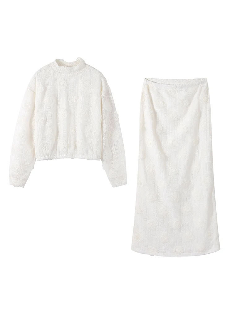 

Flower Lantern Sleeves Stand Collar Top High Waist Loose Maxi Skirt Women's Knitted Set Elegant Shirt Long Skirt Woman's Suits